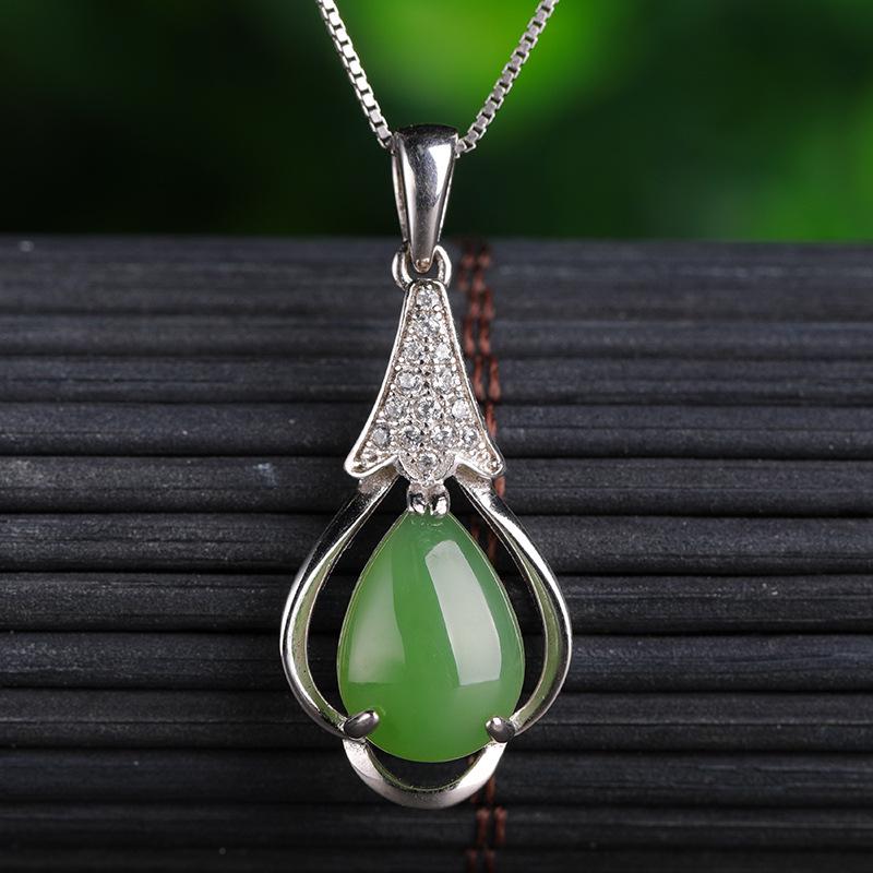 

Ethnic 925 Sterling Silver Hetian Jade Necklace with Certified Biyu Teardrop Pendant for Women 925 Silver