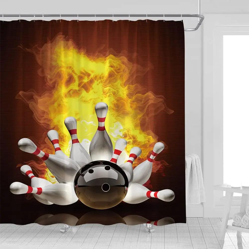

3D Bowling Ball Waterproof Shower Curtains Youth Modern Sports Theme Polyester Fabric Screen Bathroom Shower Curtain With Hooks W60H190(CM)-1 Pcs