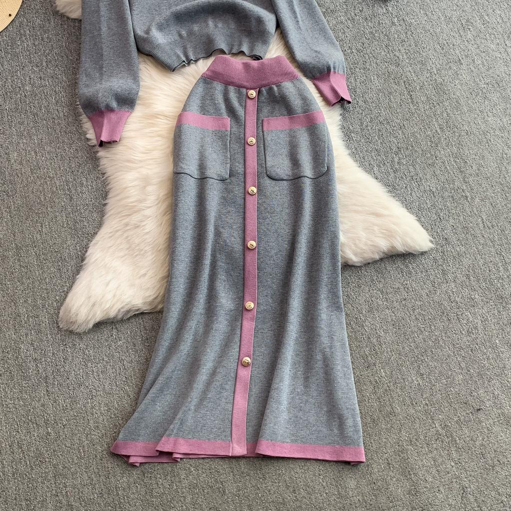 Autumn Winter Women Casual Knitted Sweater Two Piece Set V-neck Pullover Tops and Long Maxi Big Swing Skirt Suit