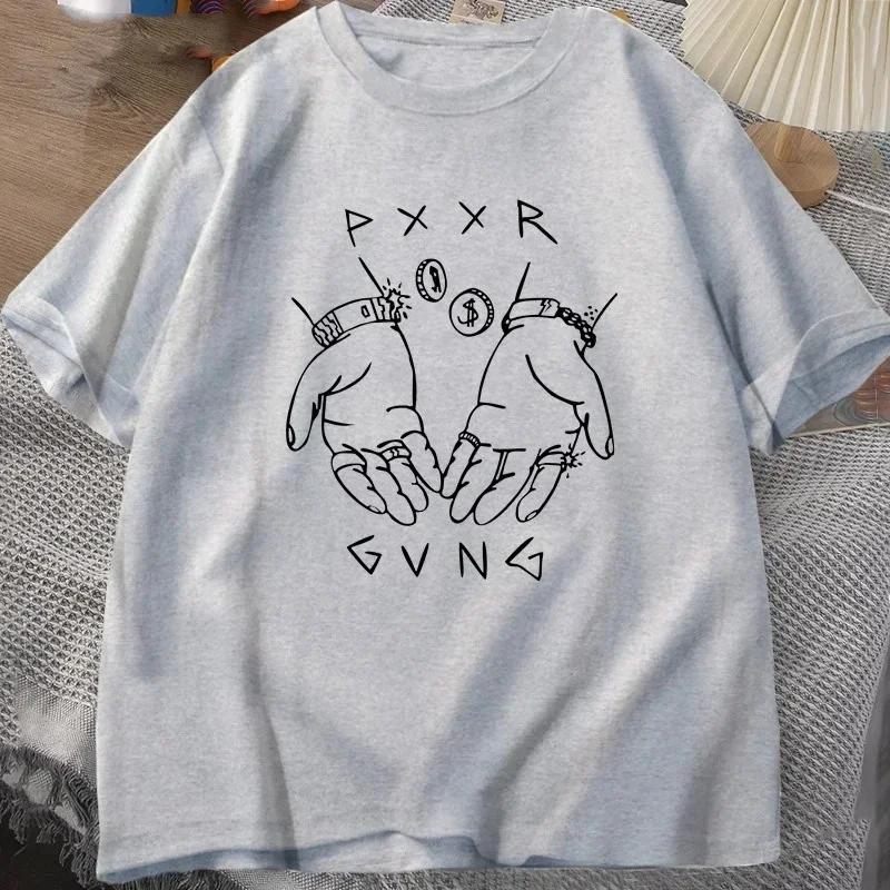 Pxxr Gvng Graphic Printed Summer T-shirts Round Neck Oversized Tshirt Men Cotton Short Sleeve Tops Casual Unisex Streetwear Tees