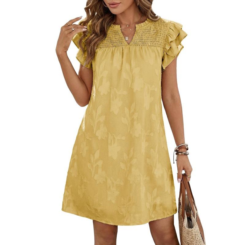 JPNTKY Women's Fashion Summer Spring Solid Color Print Short Sleeve V-Neck Casual Dresses