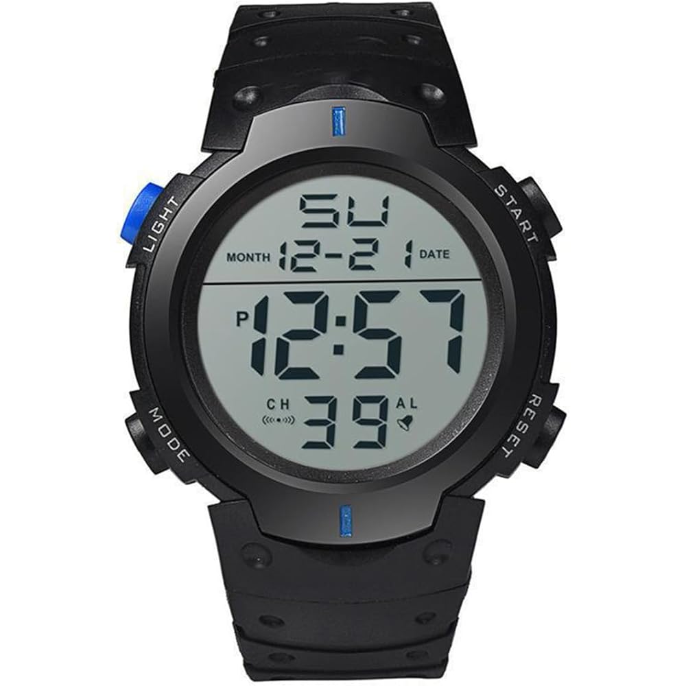 Digital Sports Watch Men s Large Display Waterproof LED Alarm Stopwatch Lightweight Multi-Function Casual Watch Blue