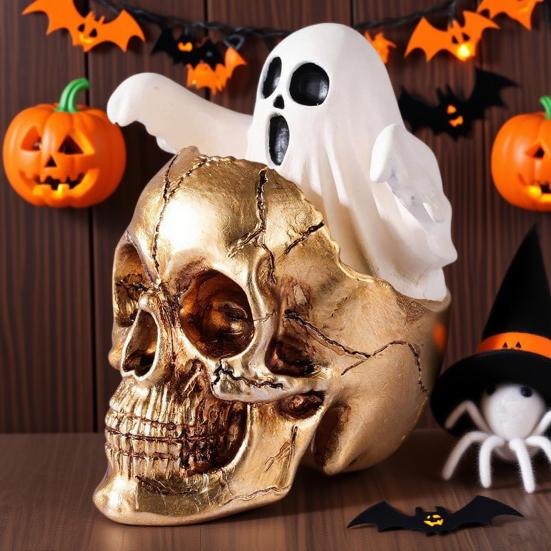 Mini Skull Head with Ghost Figurine Spooky Skeleton Head Ghost Halloween Decor for Gothic Porch Indoor Office Desk Tabletop Mantel Decoration