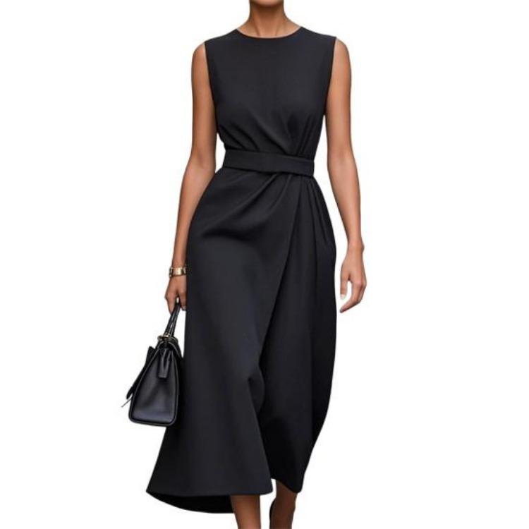 

Summer Sleeveless A Line Maxi Dress Women Pleated Crew Neck Tank Midi Dress Casual Business Work S чёрный