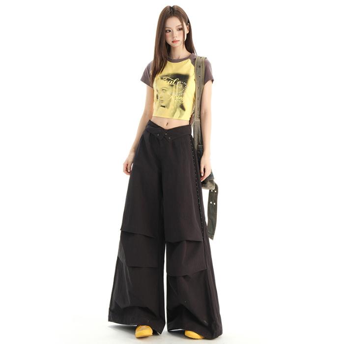 Yuppi Spice Girls, American Retro Wide Leg Overalls Women's Loose Straight Tie Casual Pants Summer