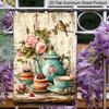 2D Flat, 1pc Vintage Tea Party Metal Sign - 8x12 Inch Rustic Aluminum Decor with Blue Teapot, Cakes Floral Design, Perfect for Living Room, Dining