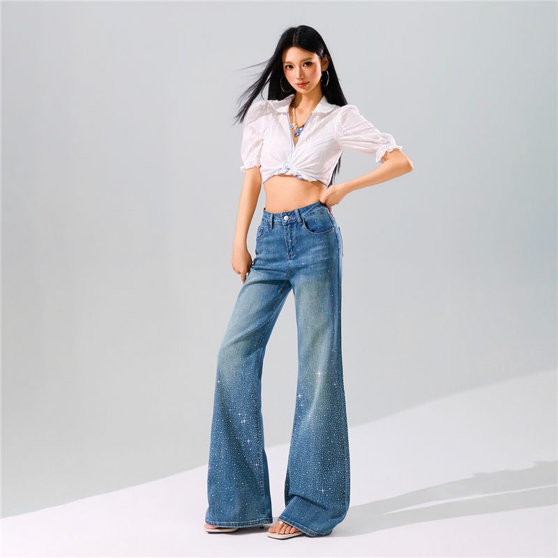 Spring Summer Trendy Bling Full Star Rhinestone Soft Comfort Relax Micro Flare Wide Leg Denim Pants For Women Casual Pants Oversize Denim Trousers
