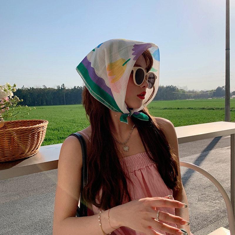 Women Flower Printed Headscarf Sun Protection French Pastoral Style Boho Lightweight Travel Picnic Outdoor Girls Scarf