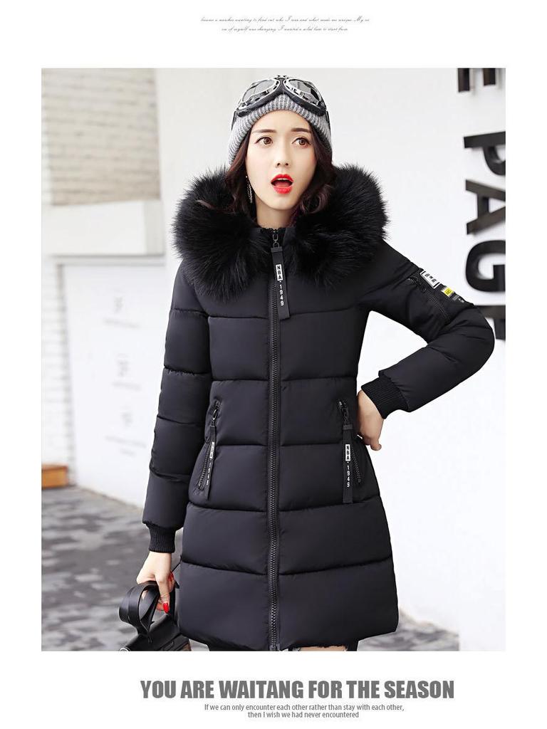 Women's Mid-Length 2024 Winter Cotton Coat with Large Fur Collar - European, American, and Korean Style, Plus Size, Thickened.