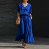 Women's Color Cotton Linen V-neck Short Sleeved Top And Skirt Two-piece Set