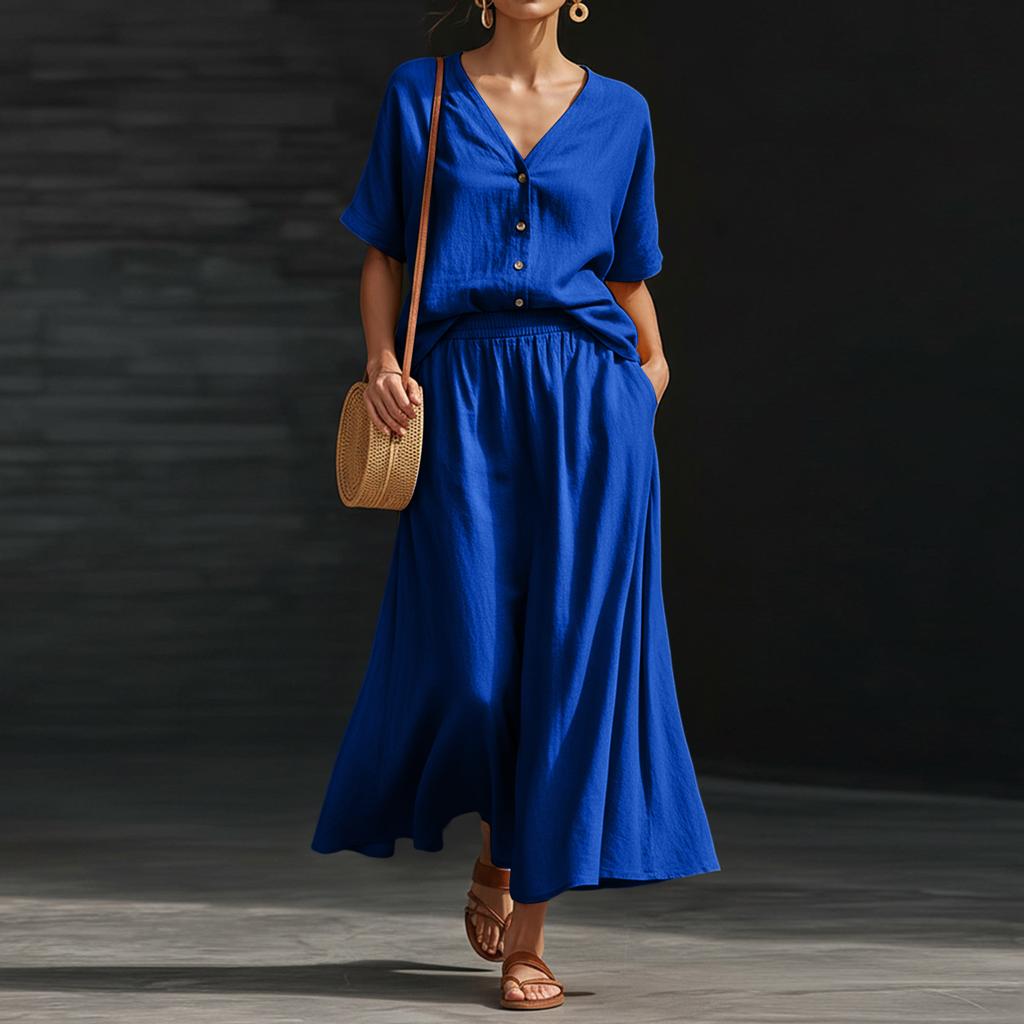 Women's Color Cotton Linen V-neck Short Sleeved Top And Skirt Two-piece Set
