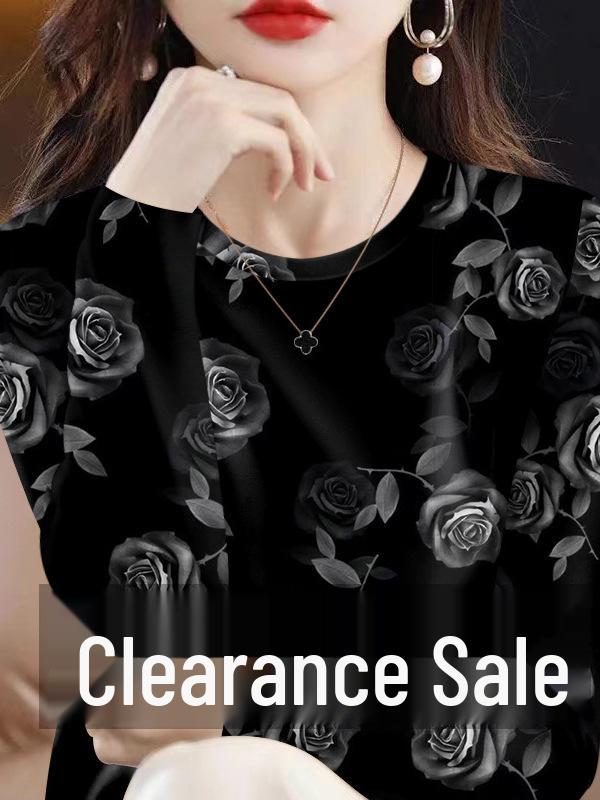 Women's Floral Print Long-Sleeve T-Shirt, New Style, Lightweight, Round Neck, Milk Silk Base Layer