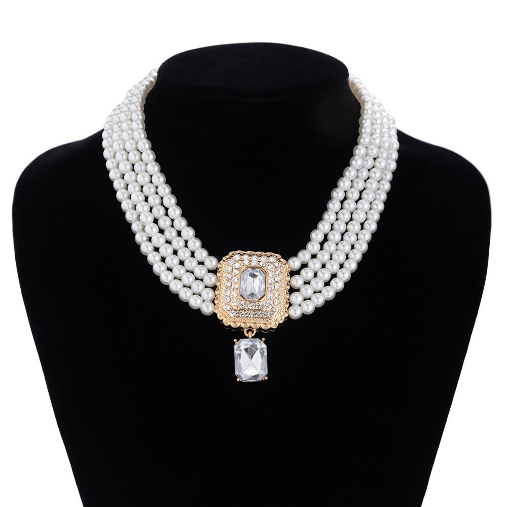 Imitation Rhinestone Necklace Earrings Luxury Choker Necklace Set Pearl Multilayer Necklace  Ladies