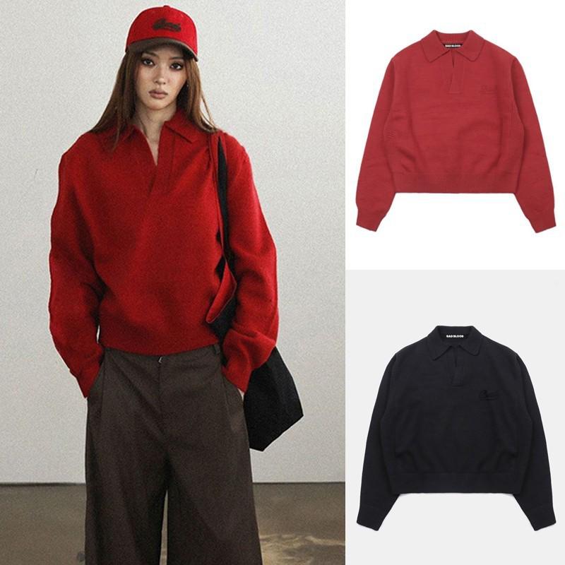 Korean Badblood BCAC Series Women's Red Polo Collar Sweater - Casual Loose Knitwear