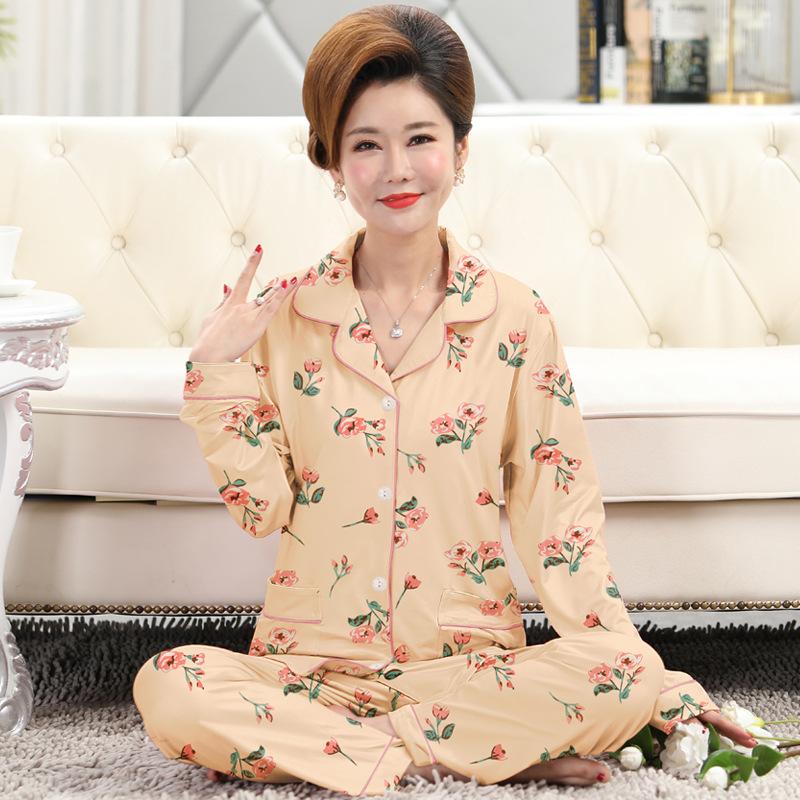Frühlings- und Herbstpyjama Damen Imitationsbaumwolle langärmelig dünn hochwertig reiche Blume Mutter Loungewear-Set