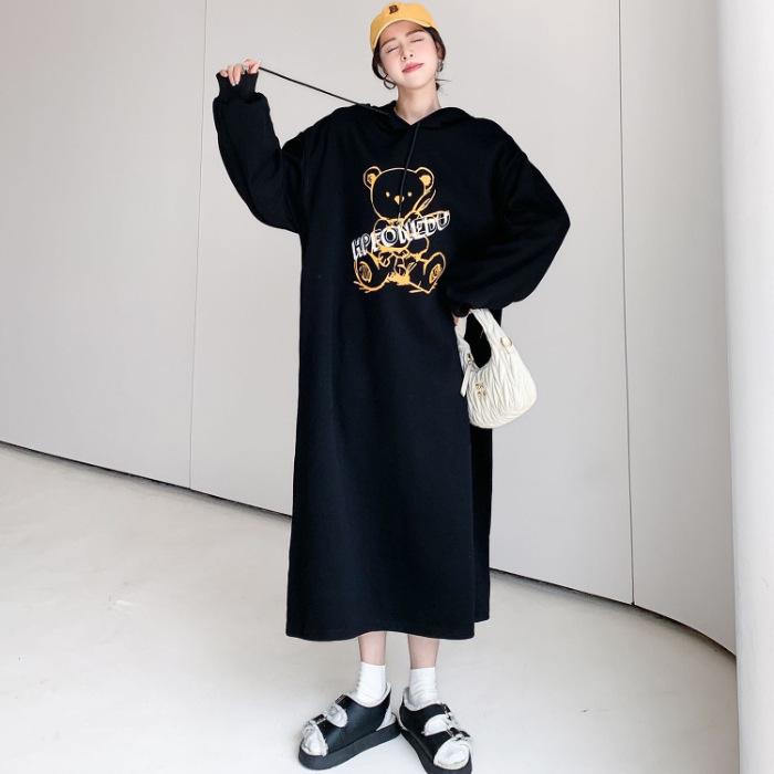 

Женское платье-свитер с капюшоном из утолщенного бархата размера плюс: Длинная, до колена, свободного кроя, ленивый стиль для осени и зимы One Size чёрный