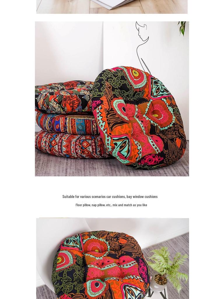 Ethnic Fabric Thickened Round Cotton Linen Cushion for Bay Window, Tatami, Prayer, Teahouse, or Yoga.
