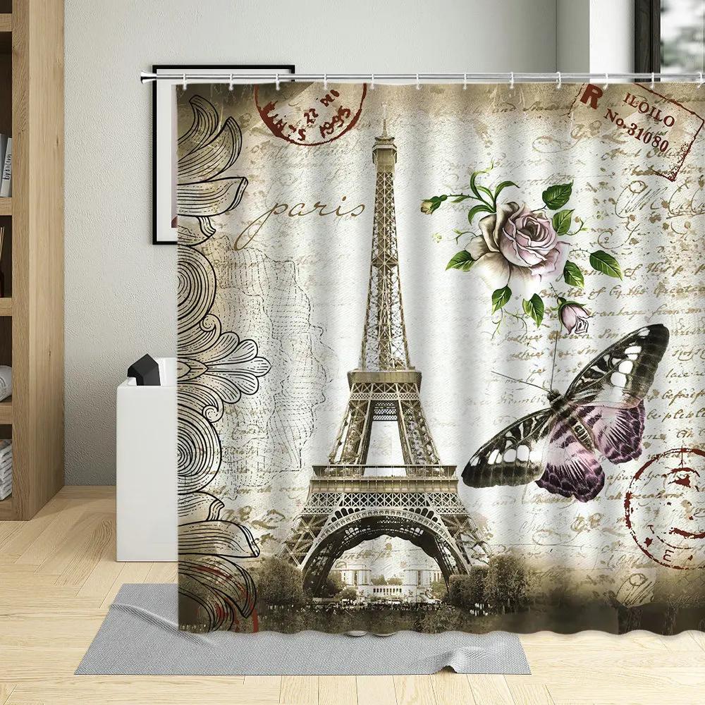 Retro Paris Tower Flower Oil Painting Shower Curtain Elegant Fabric Waterproof Bathroom Decor Screens Bath Curtains With 12 Hook