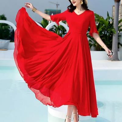 Summer Fashion New Korean Simple Elegant Mid Length Chiffon Dress Solid V-Neck Waist Zipper Patchwork Butterfly Sleeve Dresses