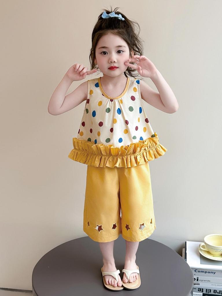 Girls' Colorful Polka Dot Vest & Star Pants Set - 2026 Summer Casual Outfit