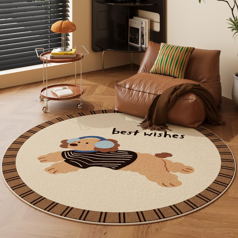 Cartoon Dog Round Carpet Mat - "best Luck" Text Rug with Geometric Border for Living Room Home Decoration Brown Rugs for Bedroom
