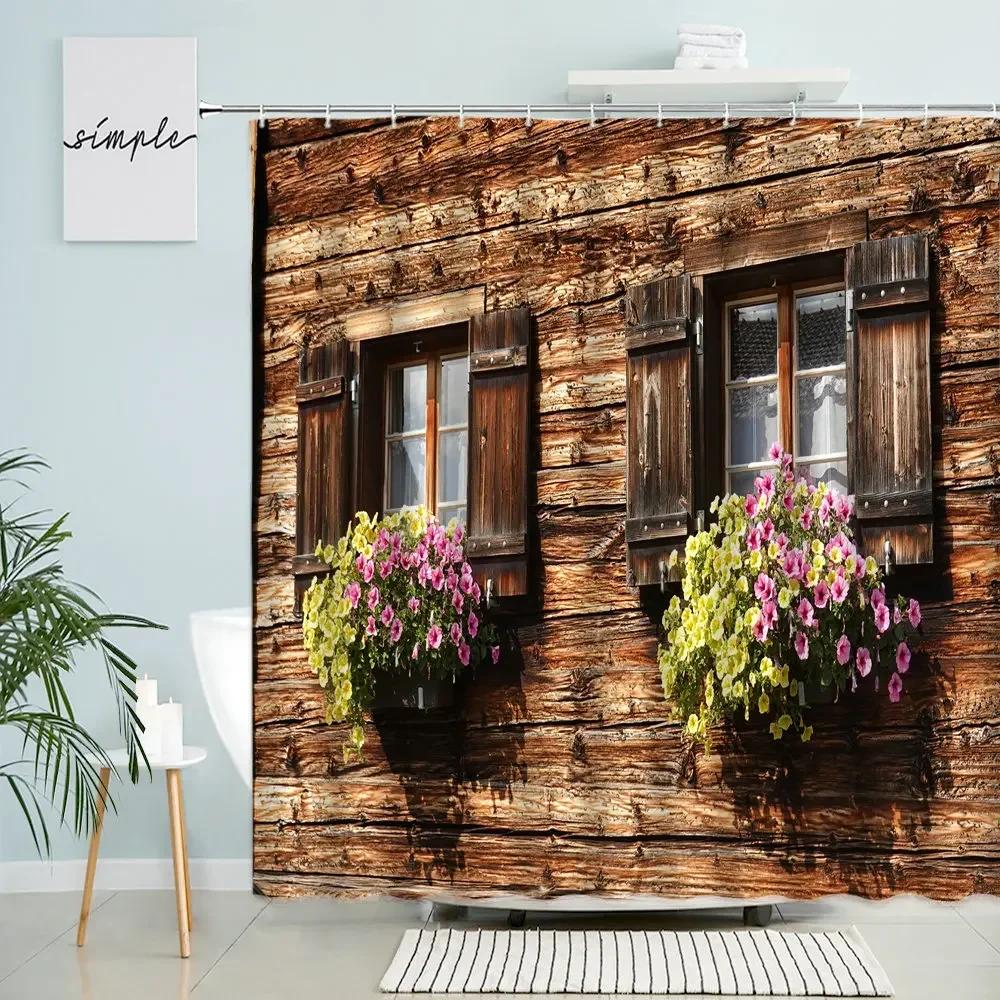 

European Town Window View Shower Curtain Green Plants Flowers Vines Vintage Old Wooden House Wall Door Bathroom With Hook Screen 90x180cm-35x70in