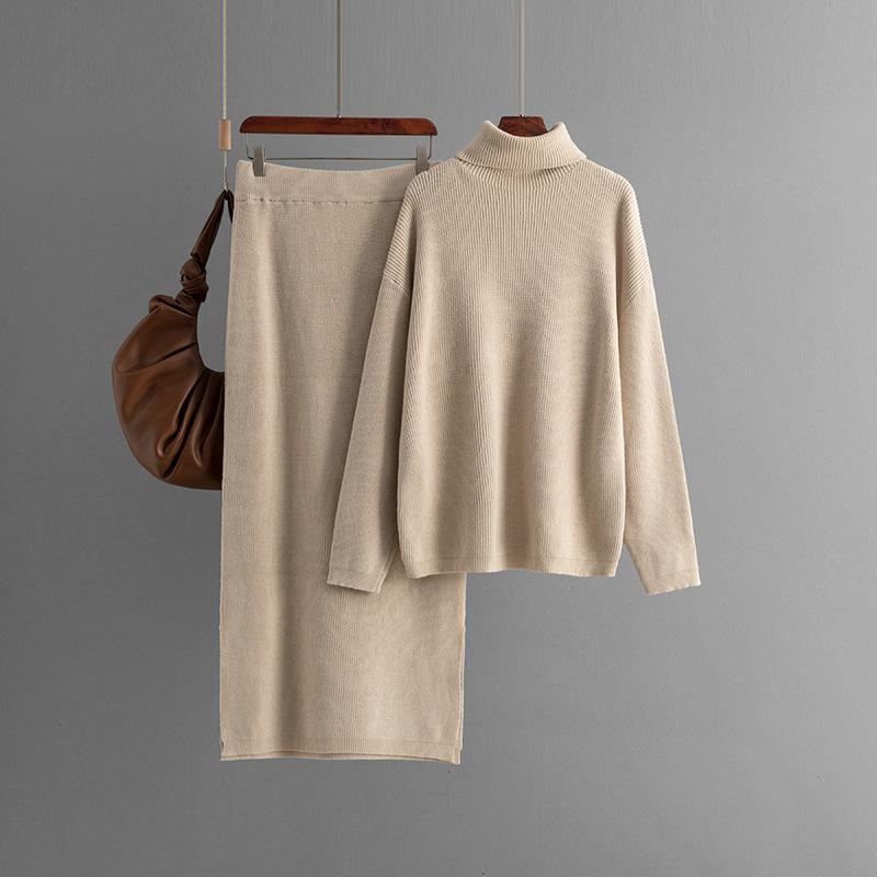 Pullover sweater two-piece set women's autumn and winter new solid color split knitted skirt set