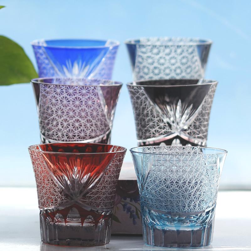 220 Ml Handmade Edo Kiriko Design Colored Glass Wine Tumbler for Home Bar Decor Birthday Gift