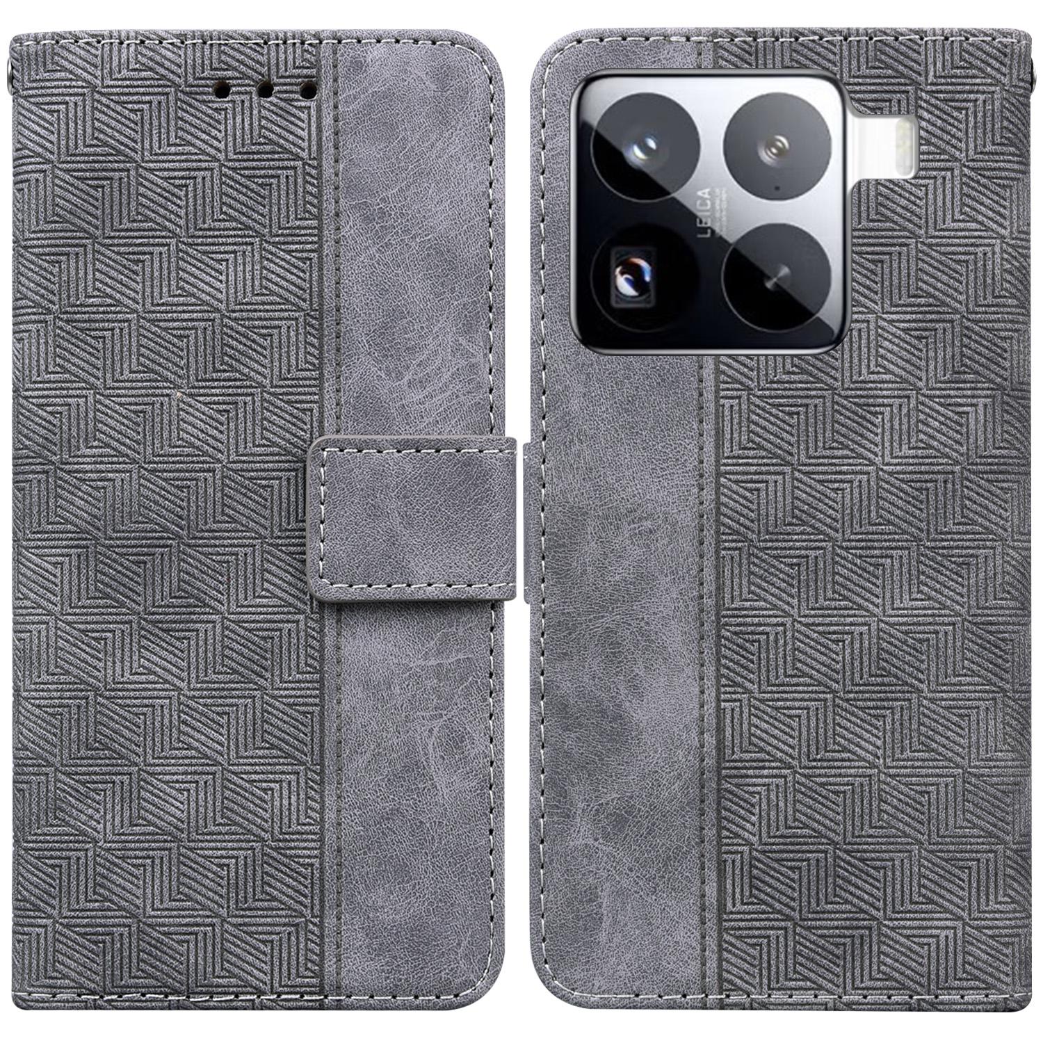 

For Xiaomi 15 Pro Case Geometry Pattern Leather Wallet Phone Cover with Wrist Strap Grey
