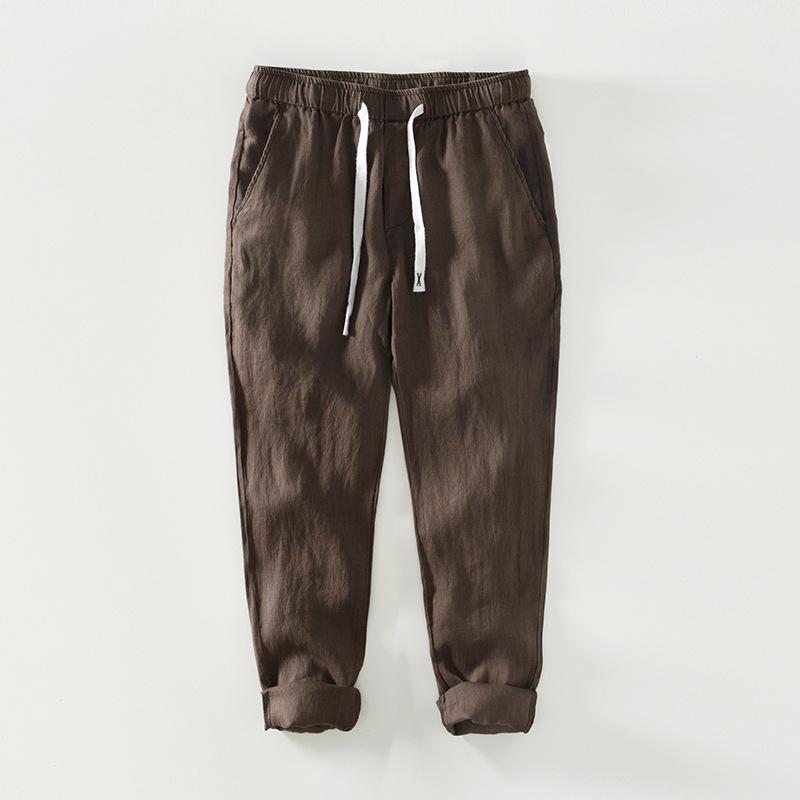 

Breathable Summer Men s Beach Pants Japanese Style 100% Linens Mens Trousers Casual Solid Color Drawstring Elastic Waist Straight Pants M коричневий