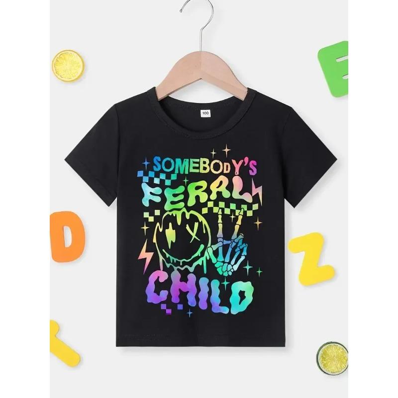 Graffiti "SOMEBODY'S FERAL CHILD" Skeletal Hands Happy Face Graphic Girls, Short Sleeved Tshirt Pullover Summer Exercise