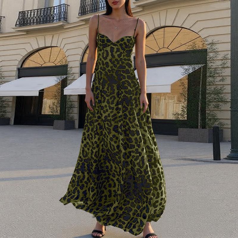 

ZANZEA Женские винтажные платья без рукавов с леопардовым принтом, с завышенной талией и на подтяжках L зелёный