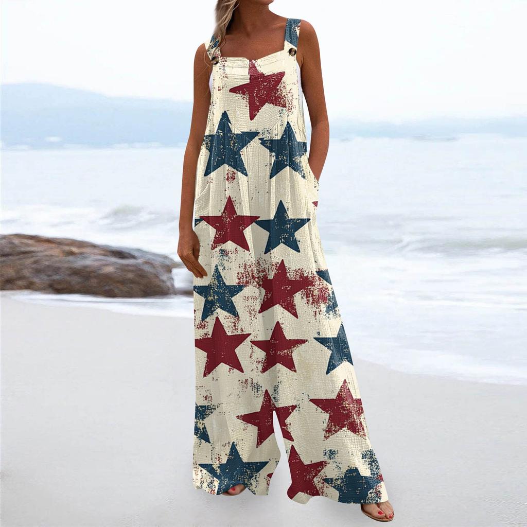 Damenmode Strampler Print Lässig Lose Vintage Overalls Mit Taschen