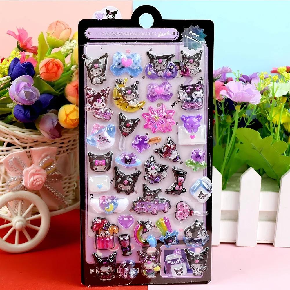 Leuchtende Niedliche Sanrio 3D Relief Aufkleber Kawaii Mädchen Kuromi Cinnamoroll My Melody Kristall Aufkleber Kinder Dekorations Aufkleber Packungen