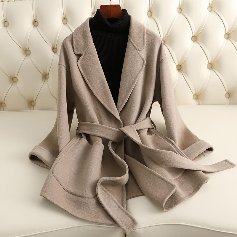 

Женское двустороннее шерстяное пальто из 100% шерсти средней длины на шнуровке приталенного силуэта, женское маленькое шерстяное пальто L бежевый