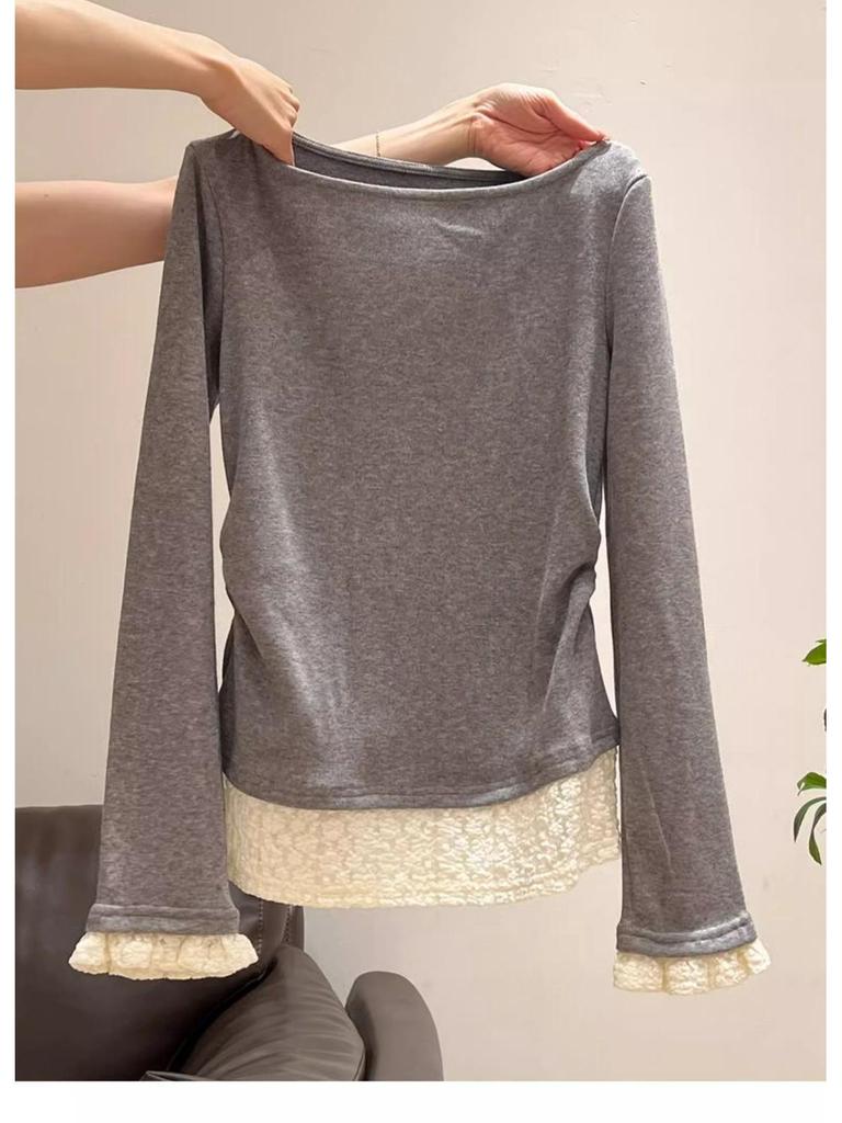 Sweet Apricot Ruched Waist Ruffle Long Sleeve Knit Top