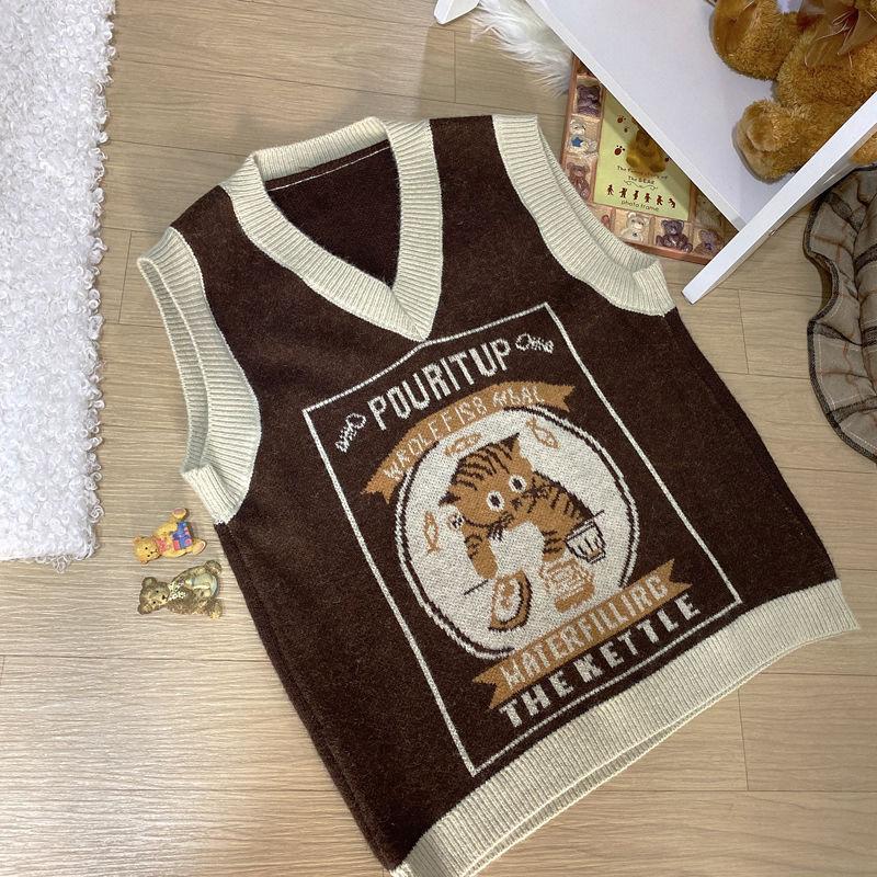 Sweater Vest Women Kawaii Cat Waistcoat Streetwear Knitting Chic Fashion College All-match Harajuku Y2k Vests