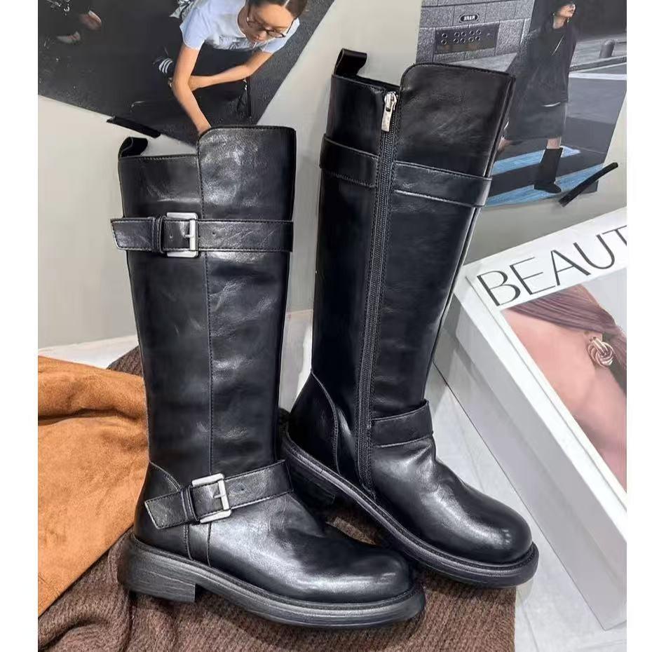 

Boots Knight Boots Thick-soled Round Head 2025 Autumn and Winter Retro Belt Buckle Height Increasing Skinny Boots Women s High Boots 40 чёрный
