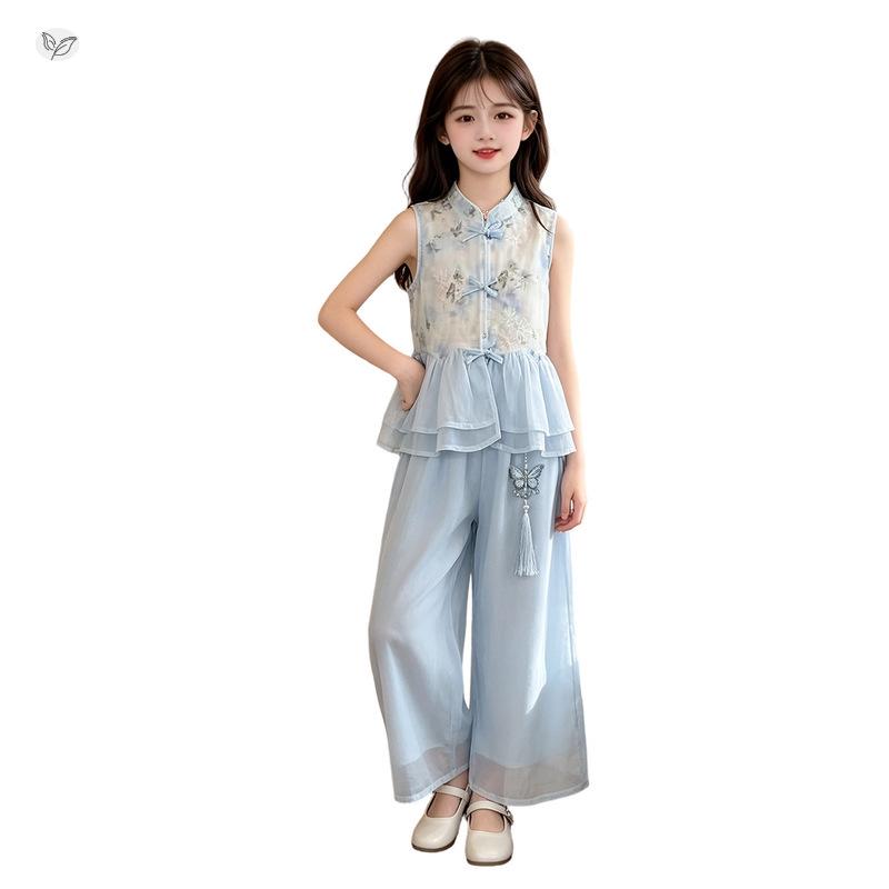 Girls' Summer Hanfu Sleeveless Top & Wide-Leg Pants Set