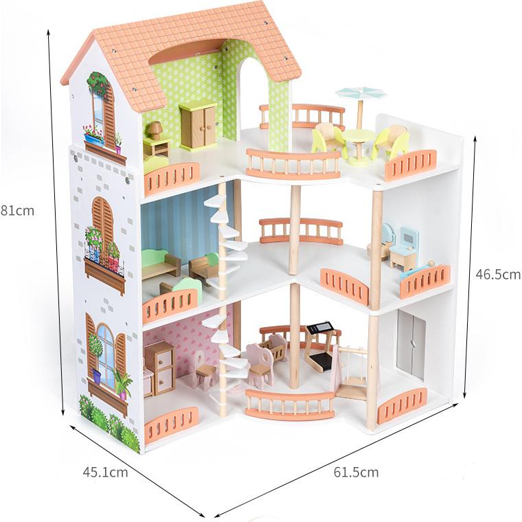 BABIBO Wooden Children's Color Doll House Luxury Villa/Girls Play House 3-storey Villa Scene Toys