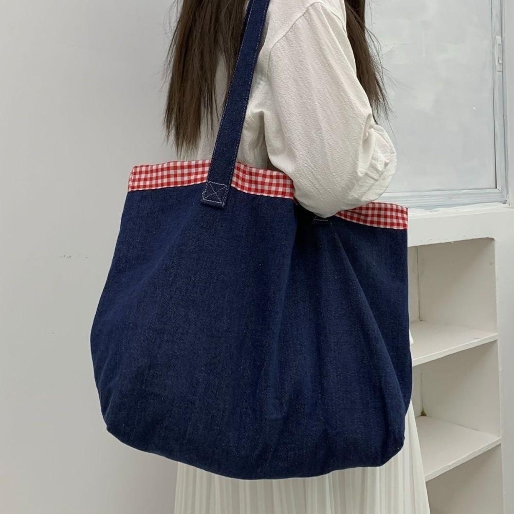 Grid Shoulder Bag Korean Style Canvas Tote Bag Soft Denim Handbag  Girls