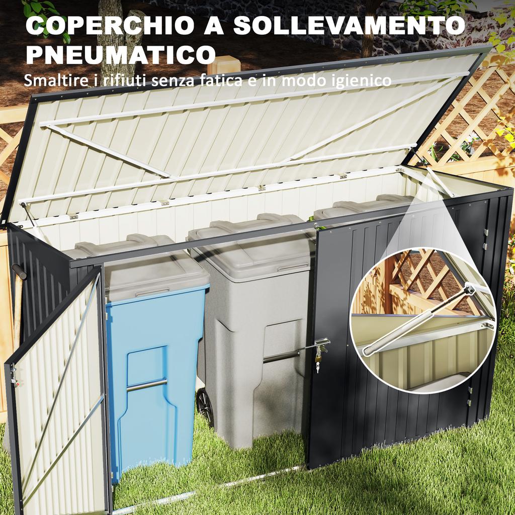 Steel Bin Shed for 3 Bins of 240L with 2 Doors and Lid, 233x105x118.5/133 Cm, Dark Grey