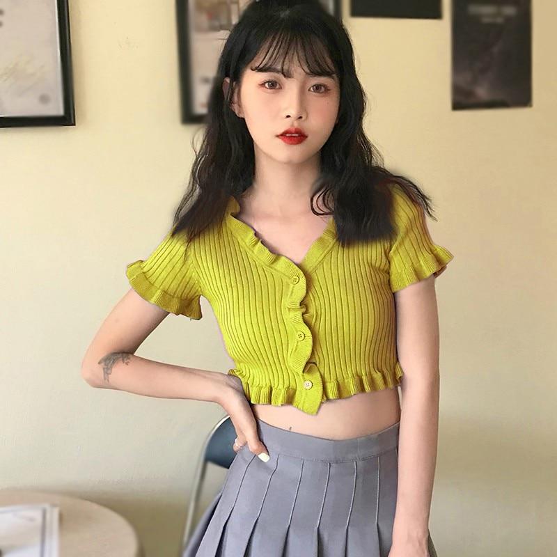 Women's Fashion V-neck Button Ruffled Short Section Exposed Navel Knitted Short Sleeved Cardigan One Size 6 Colors