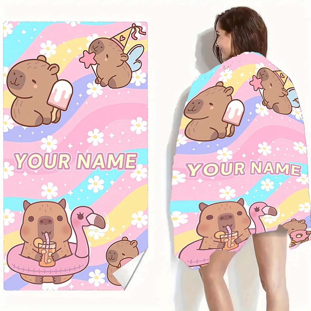 1Pc Cute Capybara Beach Towel, Custom Name Kawaii Summer Beach Blanket For Kids Adults