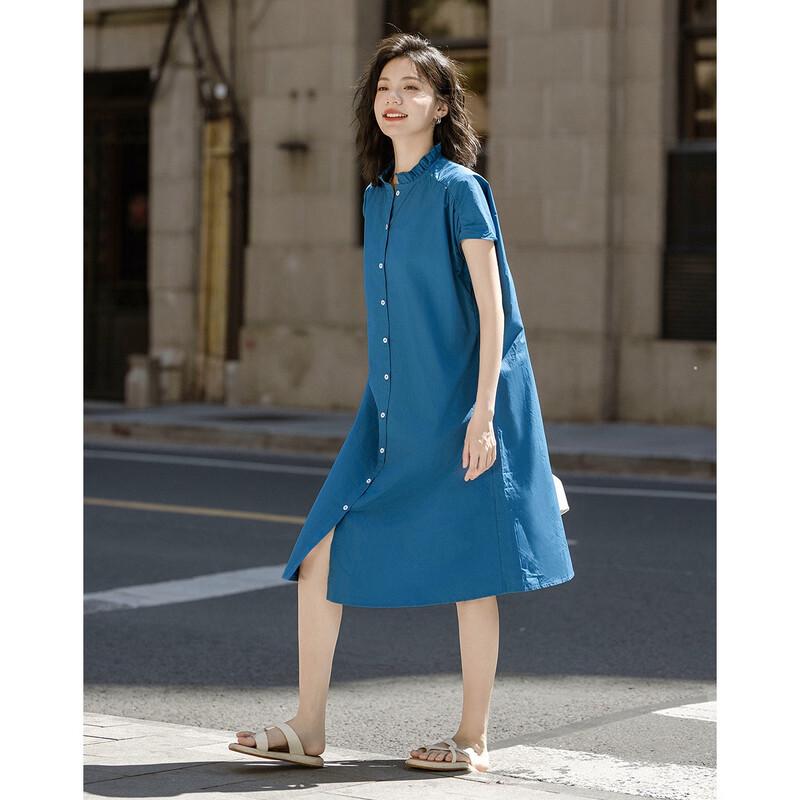 Demana Klein Blue Pure Cotton Lace Collar Long Dress L