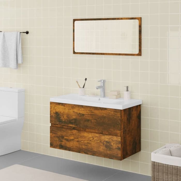VidaXL Bathroom Furniture Under-Sink Cabinet Mirror Washbasin Cabinet Storage Cabinet Interior Smoked Oak Wood 3120348