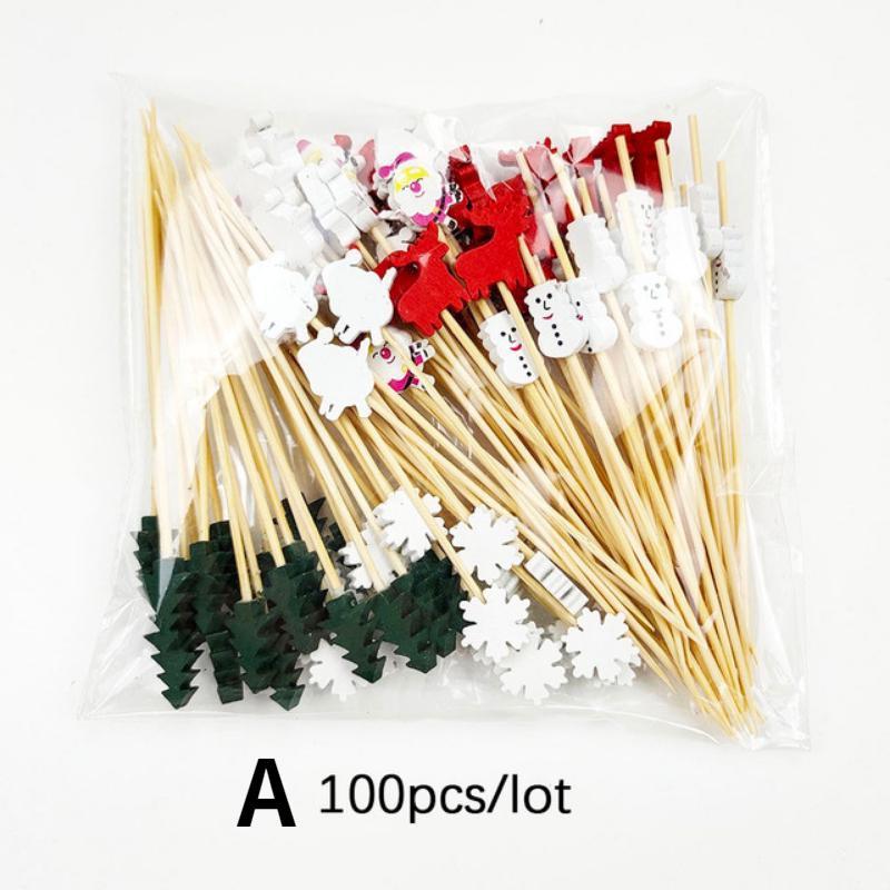 100Pcs Christmas Disposable Bamboo Skewers Food Picks Fruit Fork Christmas Party Cake Dessert Salad Sticks Toothpick Skewer