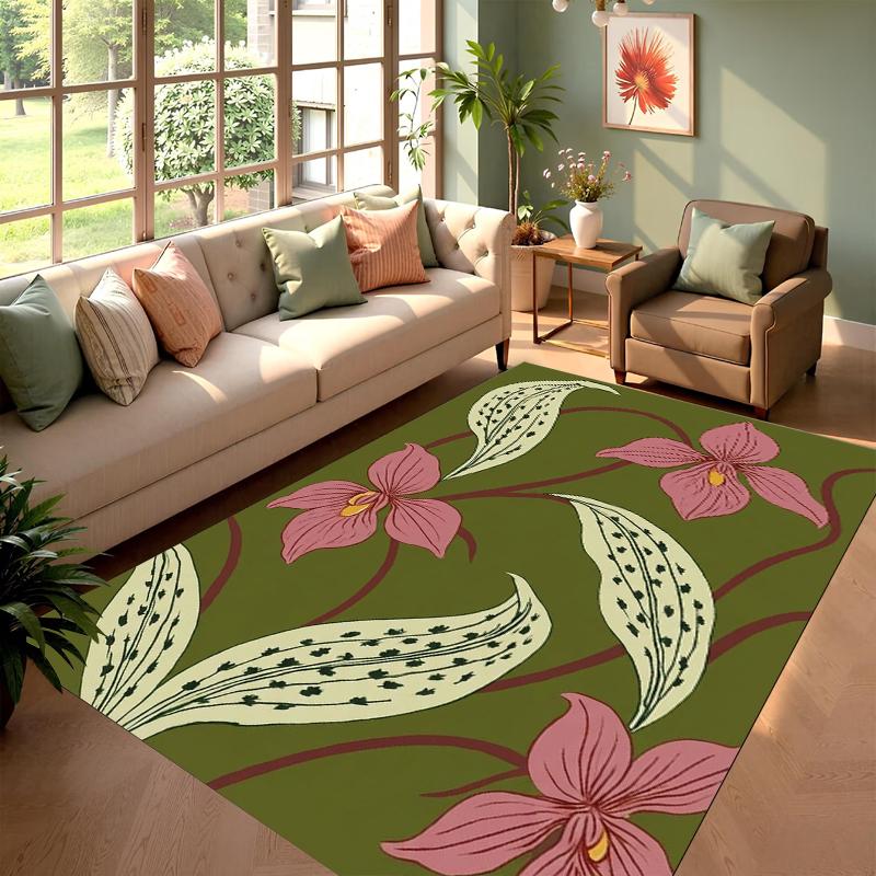 Retro Green Floral Orchid Rug Soft Non-Slip Washable Area Carpet Vintage Botanical Floor Mat for Living Room Bedroom & Nursery