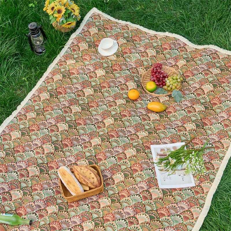 Wind Polyester Cotton Color Woven Jacquard Plant Flower Fringed Tablecloth Rectangular Outdoor Camping Picnic Mat Photo
