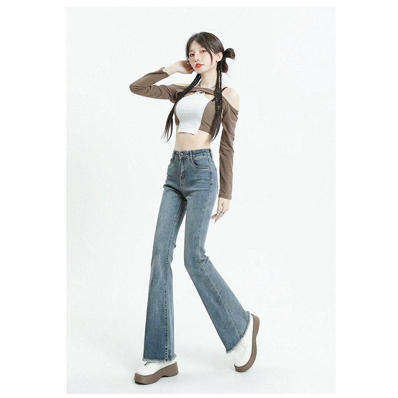 Women's Fashion Slim Fit High Waist Flared Jeans for Petite Figures, Vintage Stretch Frayed Hem Bell Bottom Pants